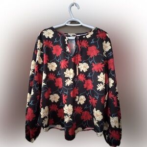 SHEIN Black Blouse with Red and Cream Floral Design